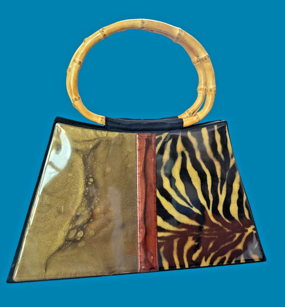 Vintage Angela Frascone Tiger Print Bamboo Handle Handbag Resin Y2K 90s RARE